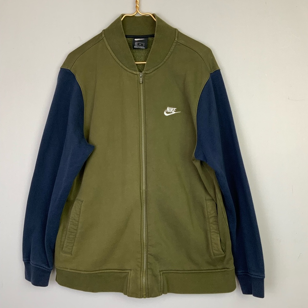 Nike Sz XL Club Bomber Olive Green Navy‎ Full Zip Fleece Sweater Jacket 928461